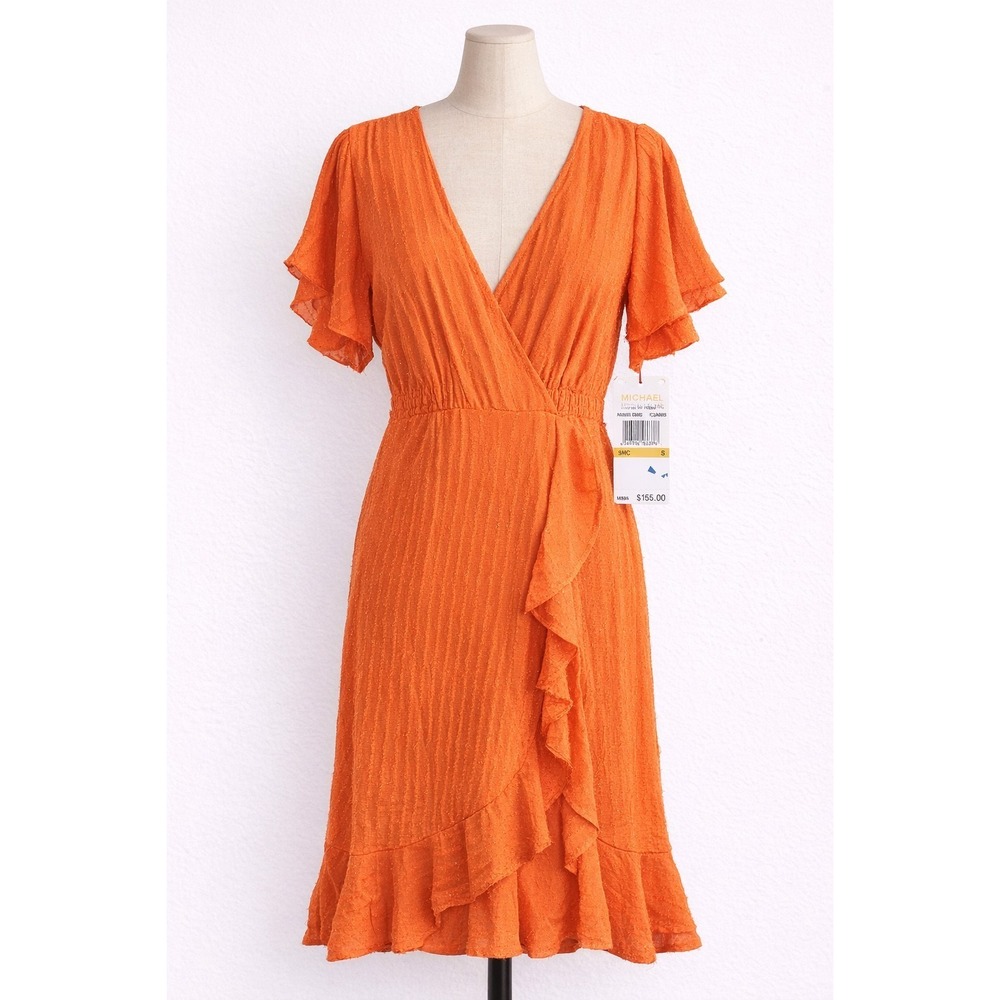 Michael Kors Optic Orange Faux Wrap Dress Small Flutter Sleeve Ruffle NWT‎ $165